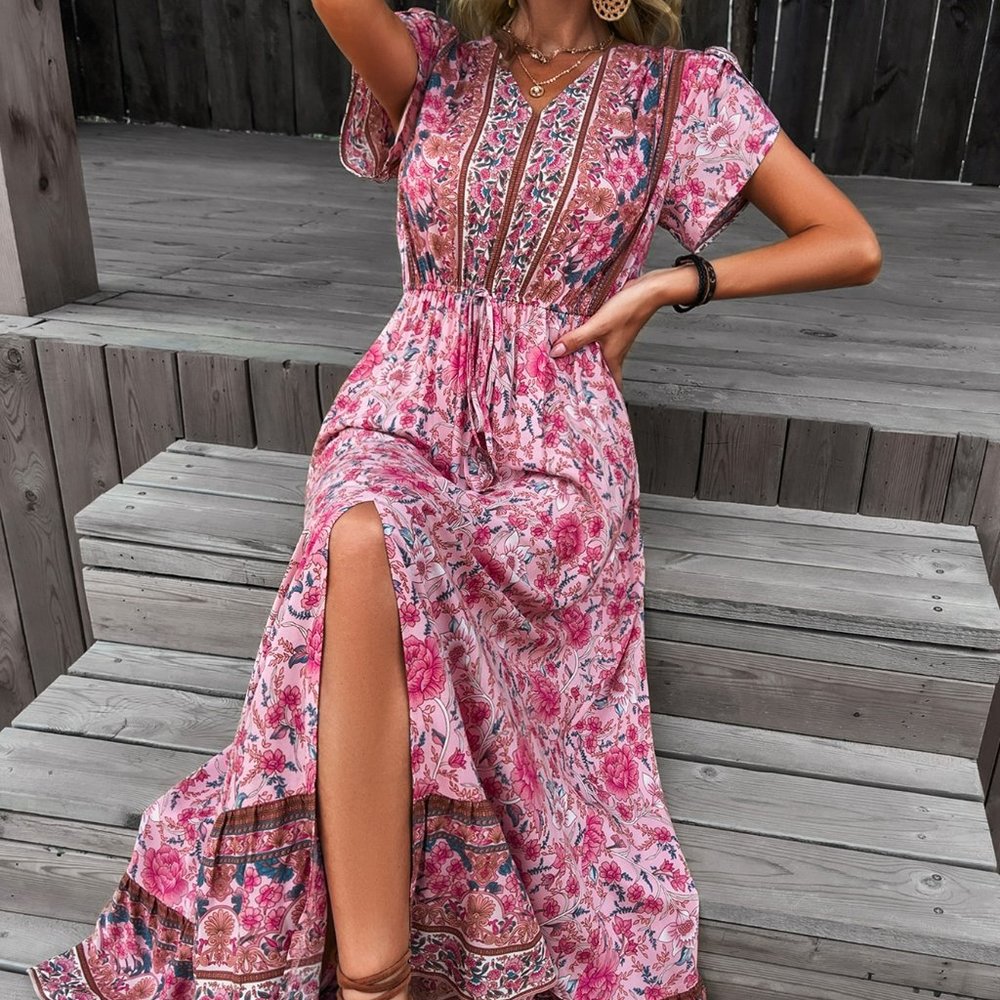 New Floral Print Tie Front Split Thigh Dress Pink